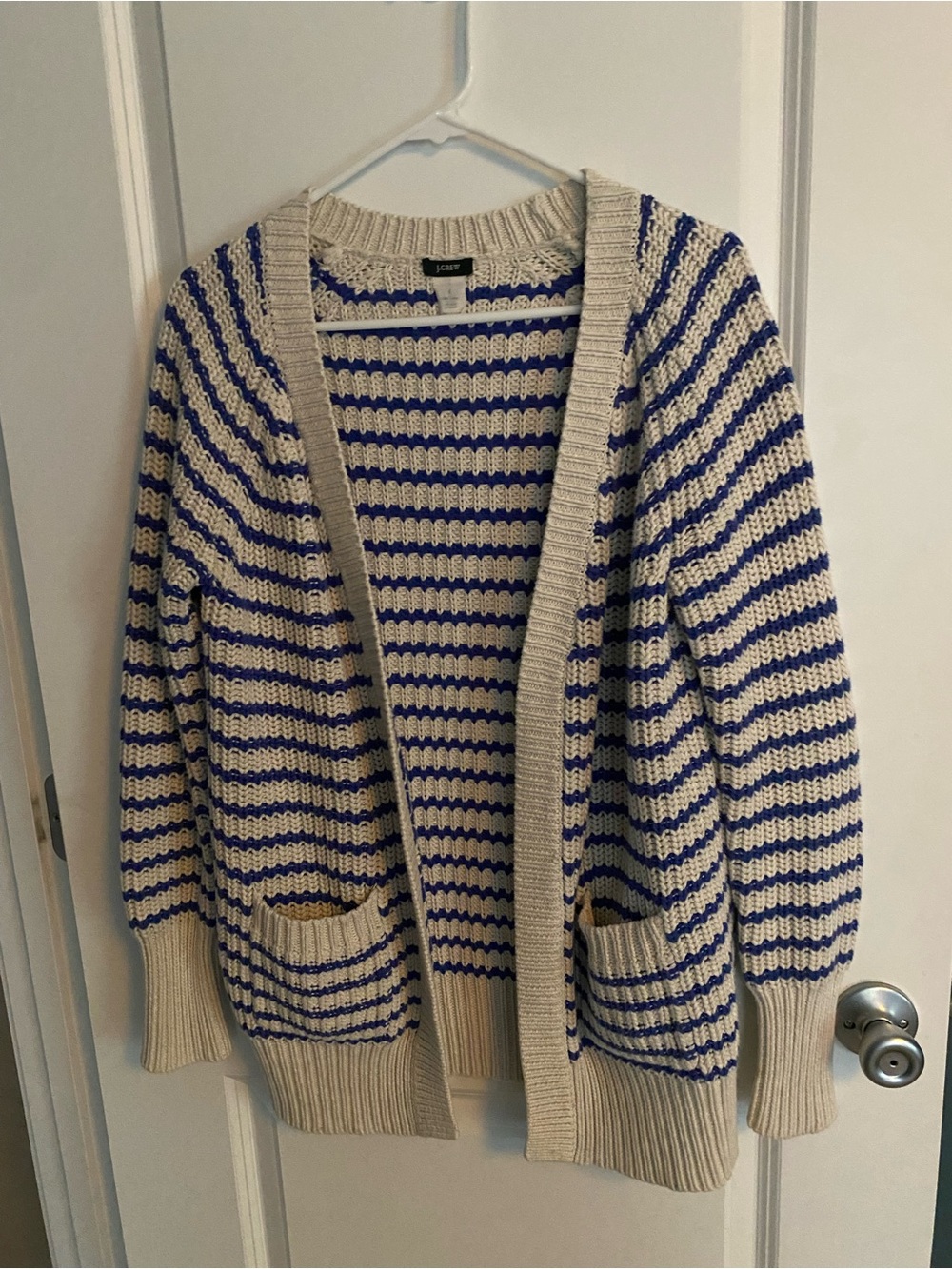 J.Crew Ripplestitch Striped Blue Cream Chunky Sweater Cardigan
